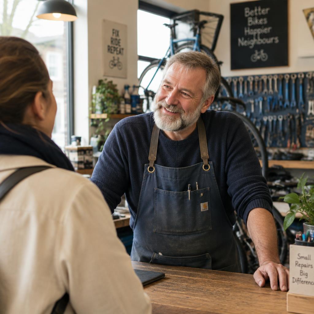 A bearded man in his fifties chatting with a customer in his bike repair shop