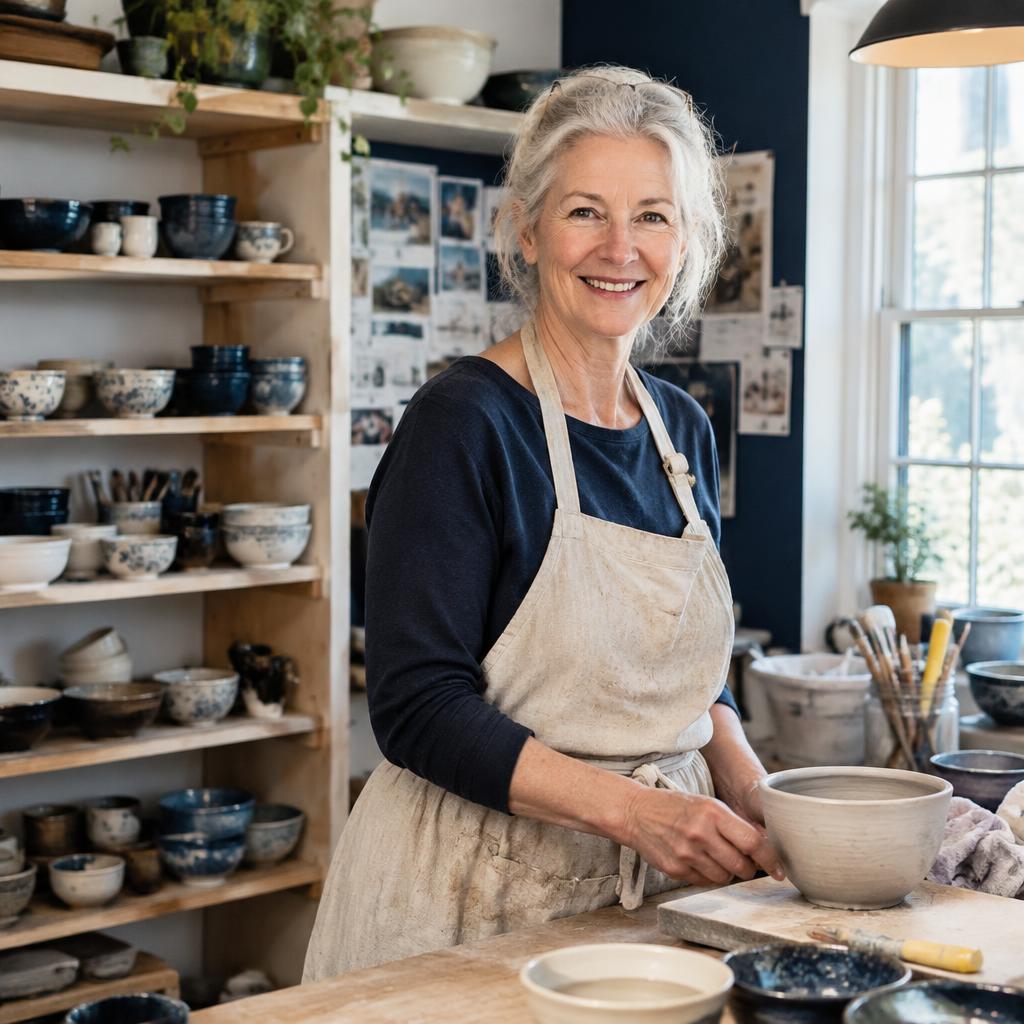 A woman in her sixties smiling in her pottery studio