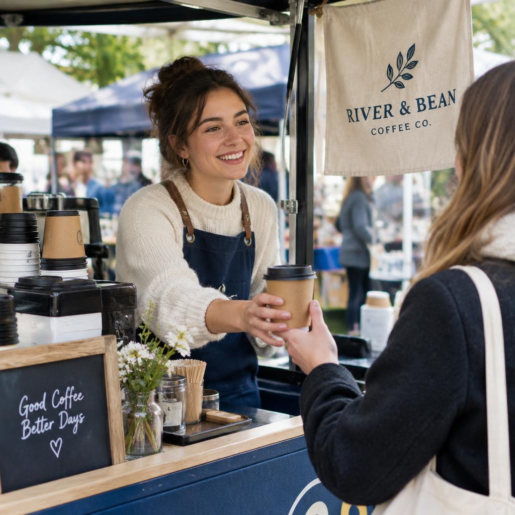 A young woman in her twenties serving coffee from her market cart