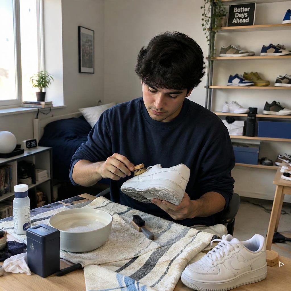 A young man in his twenties cleaning white sneakers at his workbench